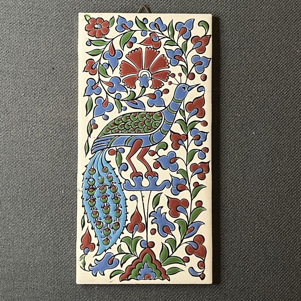 Vintage Nassos Keramik Rhodes Greece Peacock Art Tile Plaque Handmade Paradissi